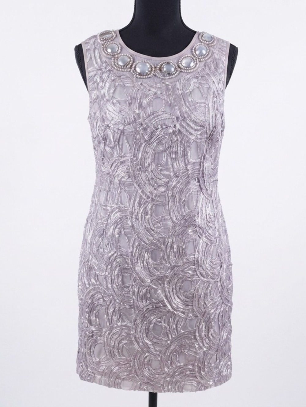 Adrianna Papell Beige Pearl-Embellished Lace Mini Dress